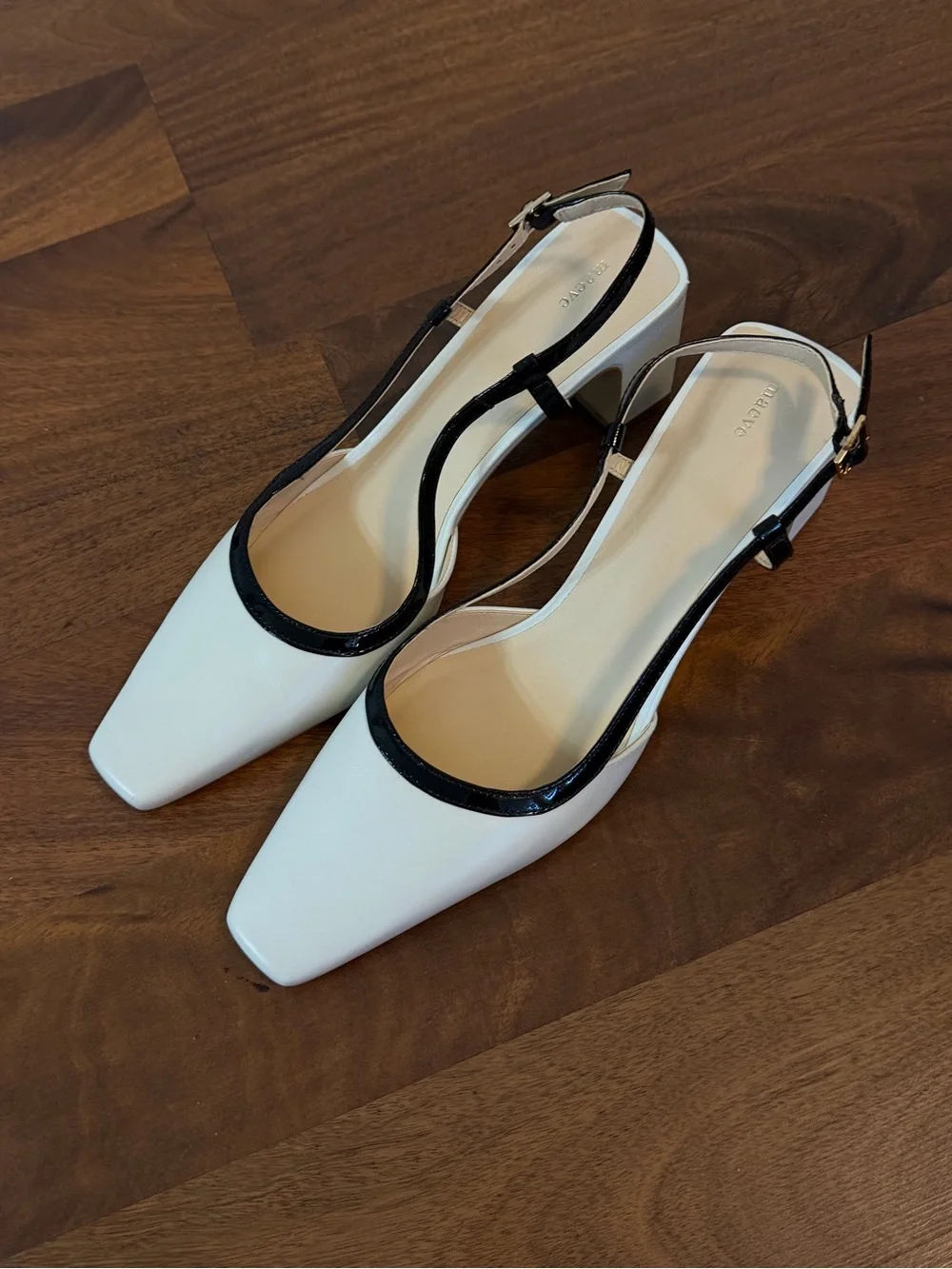 Maeve White Pointed Slingback Block Heel with Black Trim